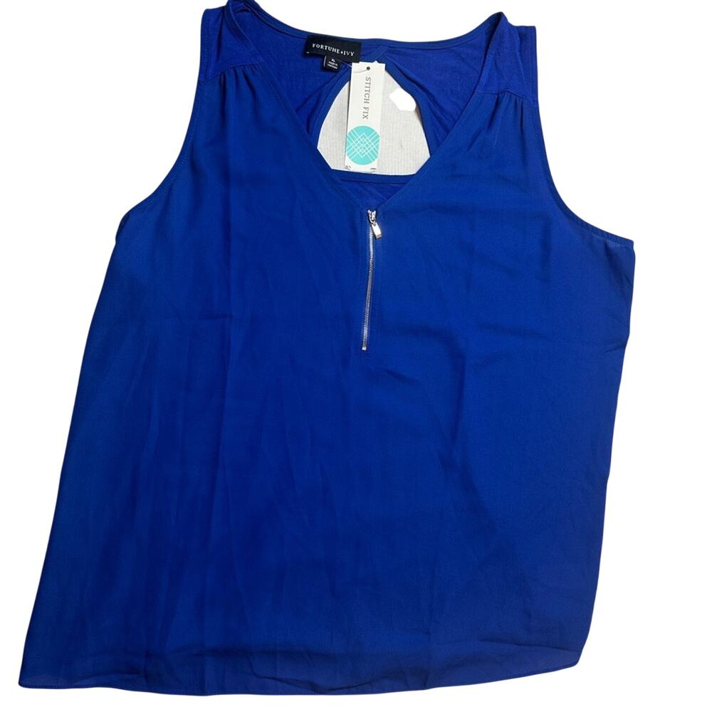 Cobalt Blue Sleeveless Blouse ✨ Zip Front Chic Work Top Summer Office - Picture 2 of 7
